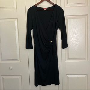 A.B.S by Allen Schwurtz Solid Black V-Neck Wrap Midi Knee Length Rouched Dress